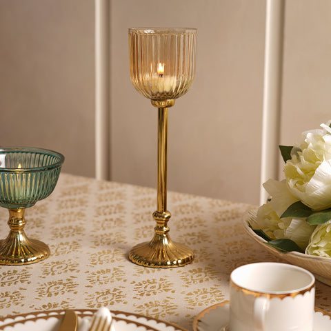 Brown Ribbed Glass Tall Hurricane with Stand - Small