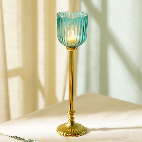 Teal Ribbed Glass Tall Hurricane with Stand - Large