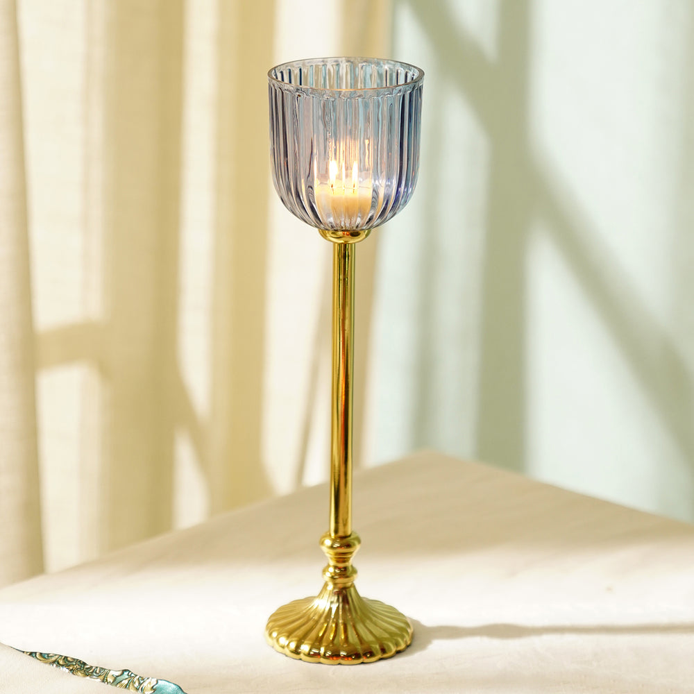 Blue Ribbed Glass Tall Hurricane with Stand - Large