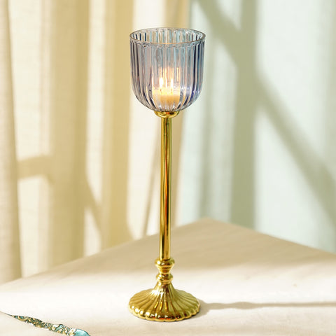 Blue Ribbed Glass Tall Hurricane with Stand - Large