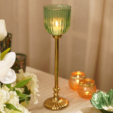 Green Ribbed Glass Tall Hurricane with Stand - Large