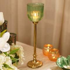 Green Ribbed Glass Tall Hurricane with Stand - Large
