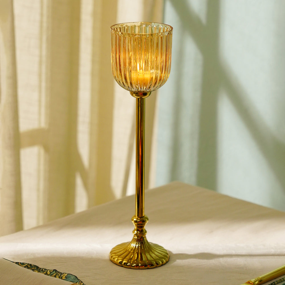 Gold Ribbed Tall Hurricane with Stand - Large