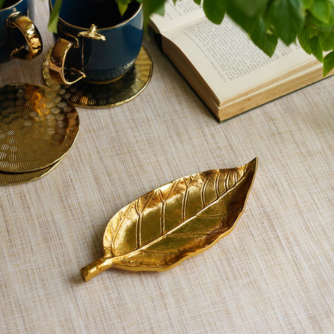 Gold Metal Long Leaf Decorative Platter - Small