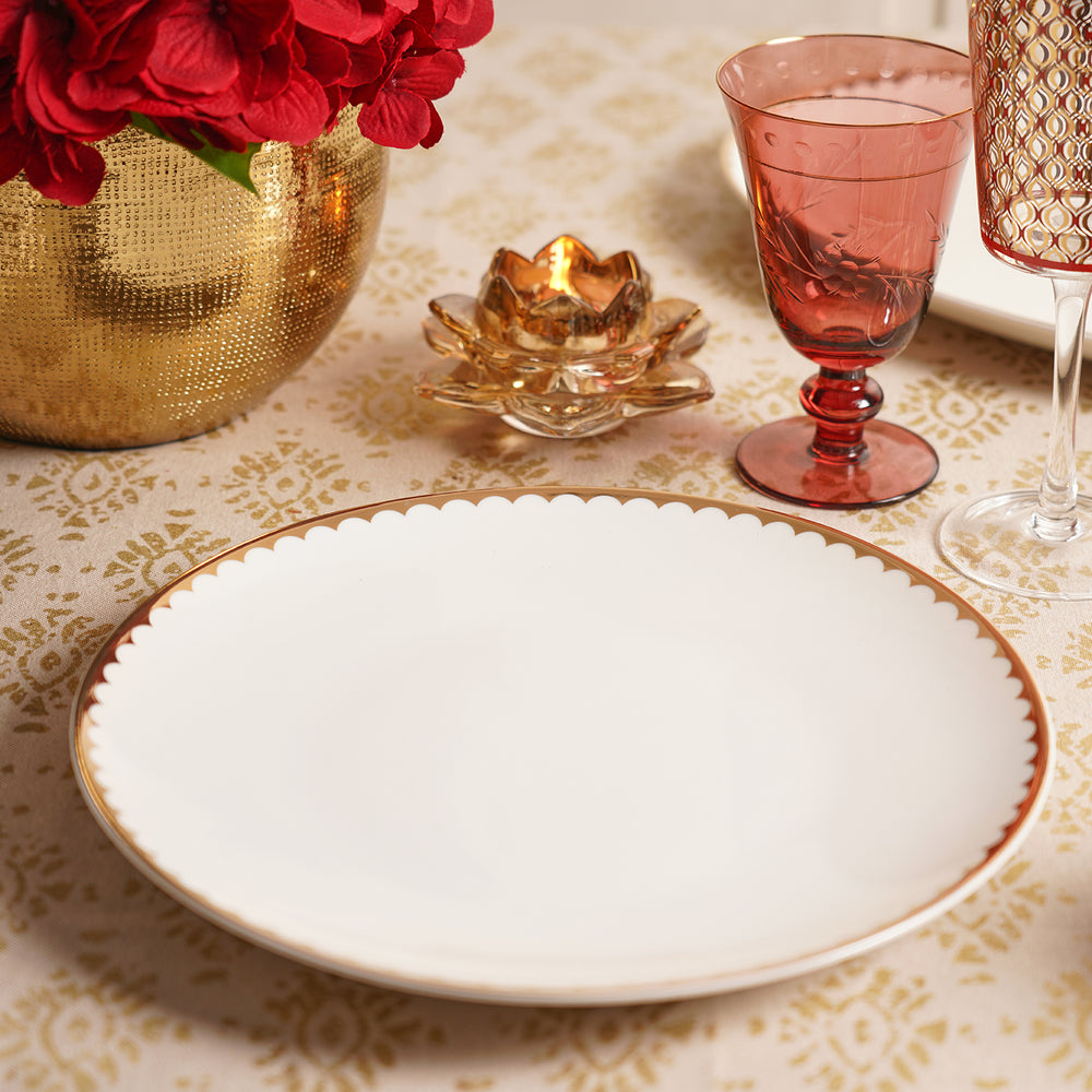 Set Of 2 Ivory & Gold Scalloped Ceramic Dinner Plates