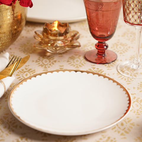 Set Of 2 Ivory & Gold Scalloped Ceramic Dessert Plates