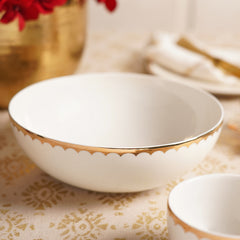 Ivory and Gold Scallop Detail Ceramic Serving Bowl