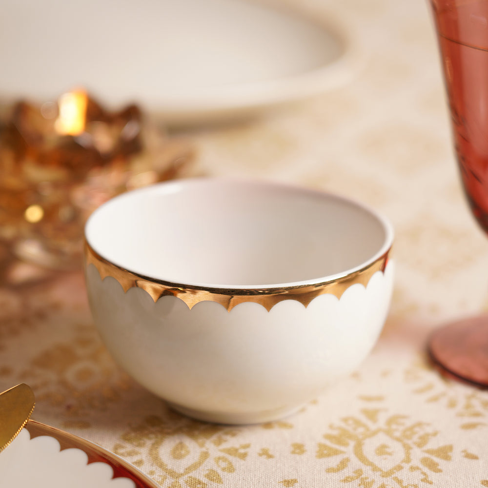 Set of 2 Ivory and Gold Scallop Detail Ceramic Small Bowls