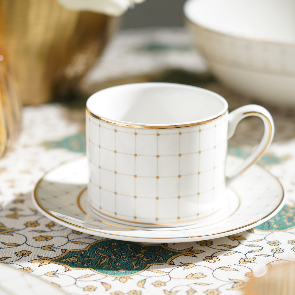Set of 2 Ivory Ceramic Criss Cross Detail Cups and Saucers