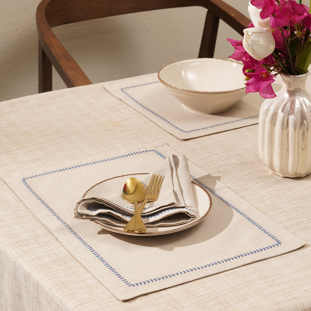 Set of 2 Beige and Blue Embroidered Cotton Placemats