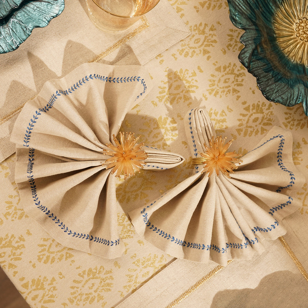 Set of 4 Beige and Blue Embroidered Cotton Napkins