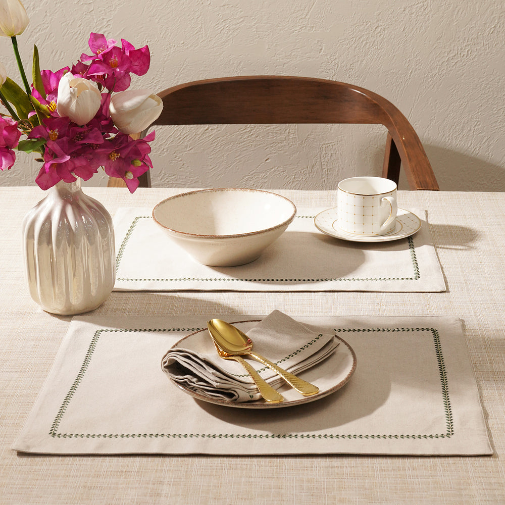 Set of 2 Beige and Green Embroidered Cotton Placemats