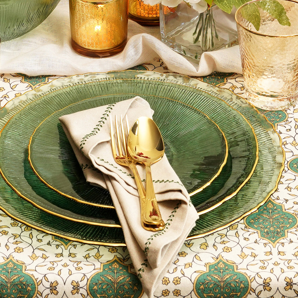 Set of 4 Beige and Green Embroidered Cotton Napkins