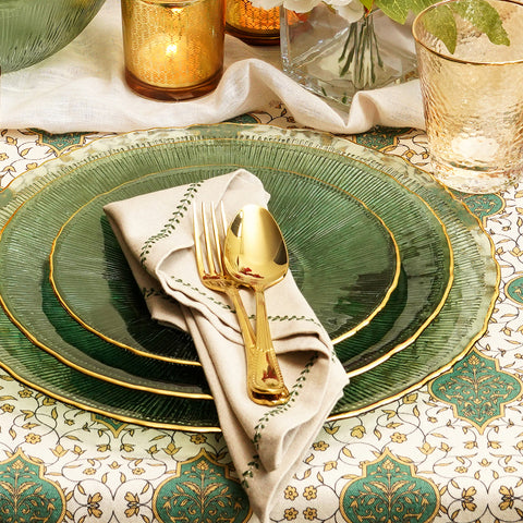 Set of 4 Beige and Green Embroidered Cotton Napkins