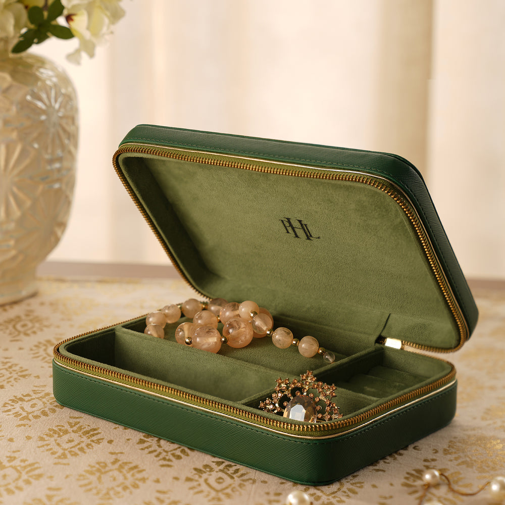Green Rectangle Faux Leather Travel Jewellery Box