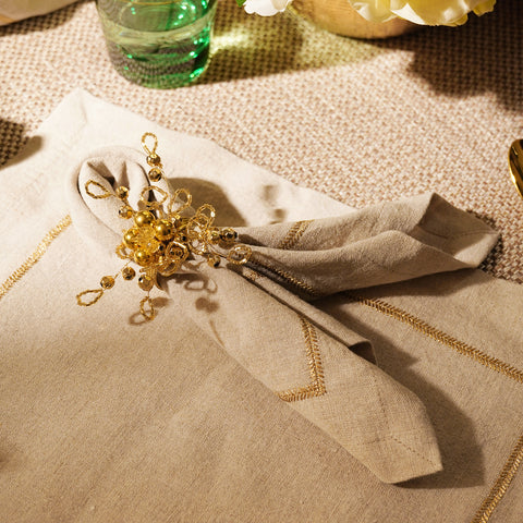 Set of 4 Beige Zari Linen Embroidered Napkins