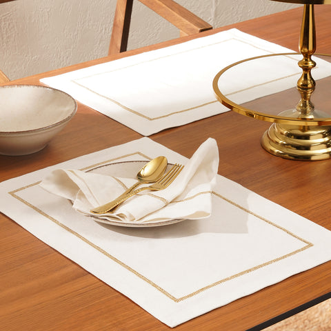 Set of 2 Off White Linen Zari Embroidered Placemats