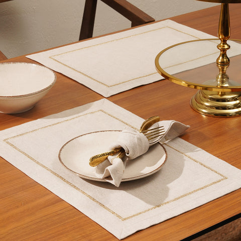 Set of 2 Beige Linen Zari Embroidered Placemats