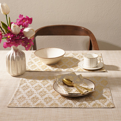 Set of 2 Beige and Gold Foil Cotton Placemats