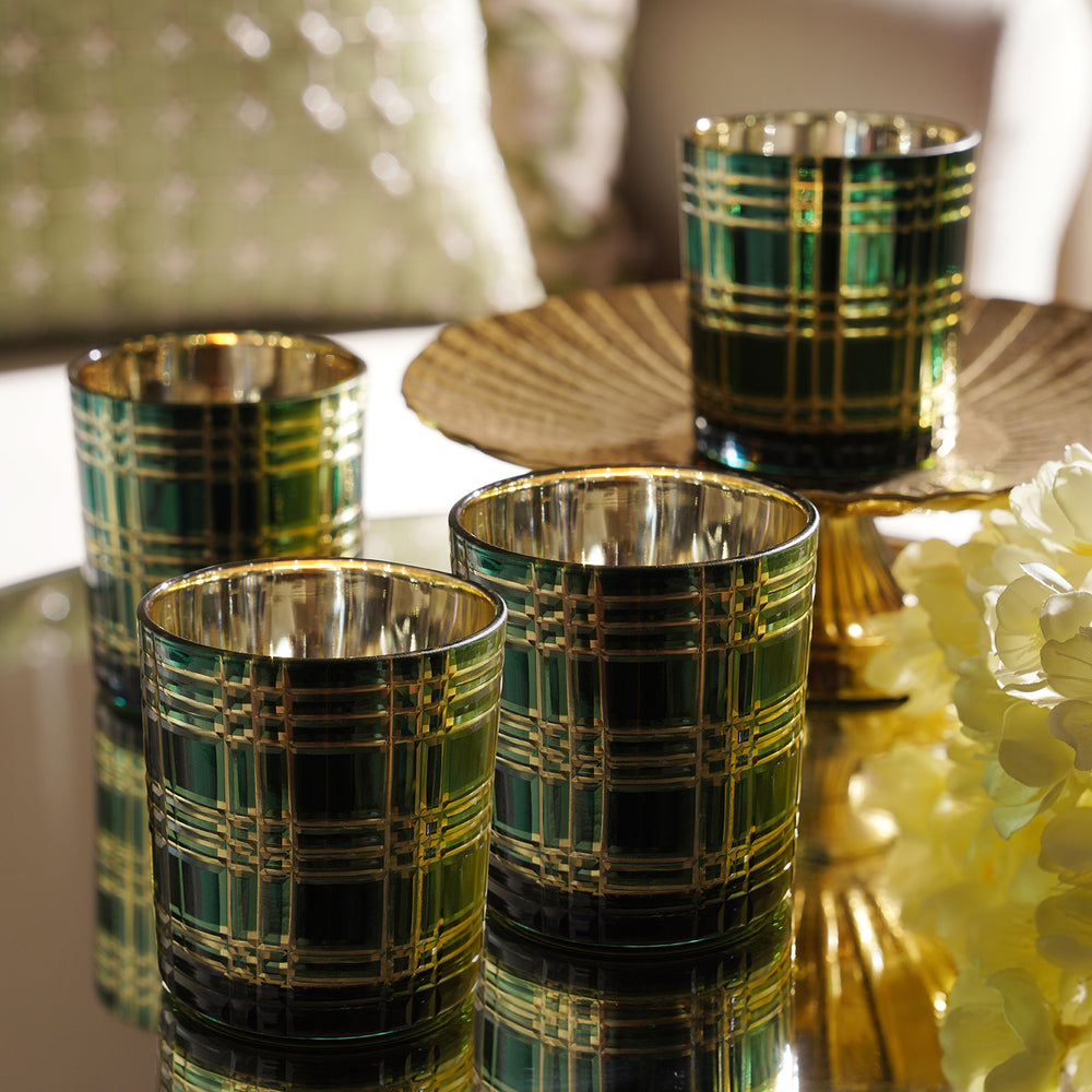Set of 4 Green and Gold Glass Straight Votives