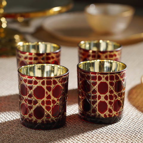 Set of 4 Red Geometric Cut Glass Straight Votives