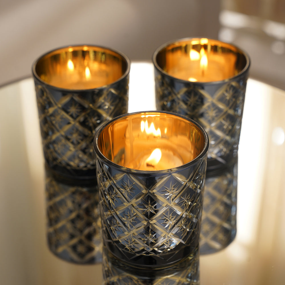 Set of 4 Blue Geometric Cut Glass Straight Votives