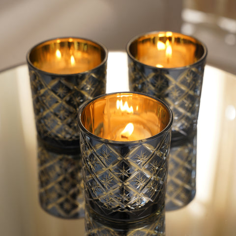 Set of 4 Blue Geometric Cut Glass Straight Votives