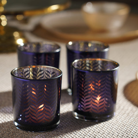 Set of 4 Blue Pattern Glass Straight Votives