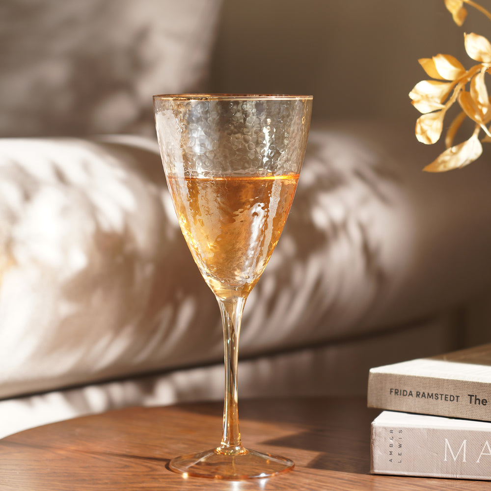 Set of 2 Gold Hammered Wine Glasses