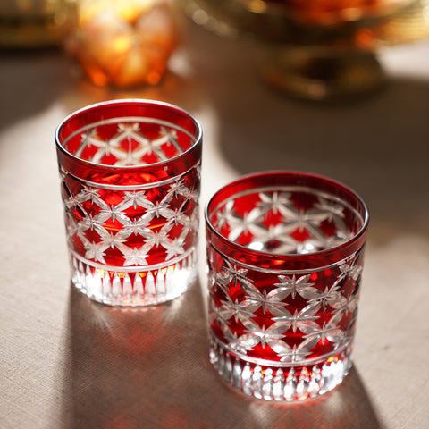 Set of 4 Red Diamond Cut Drinking Glasses