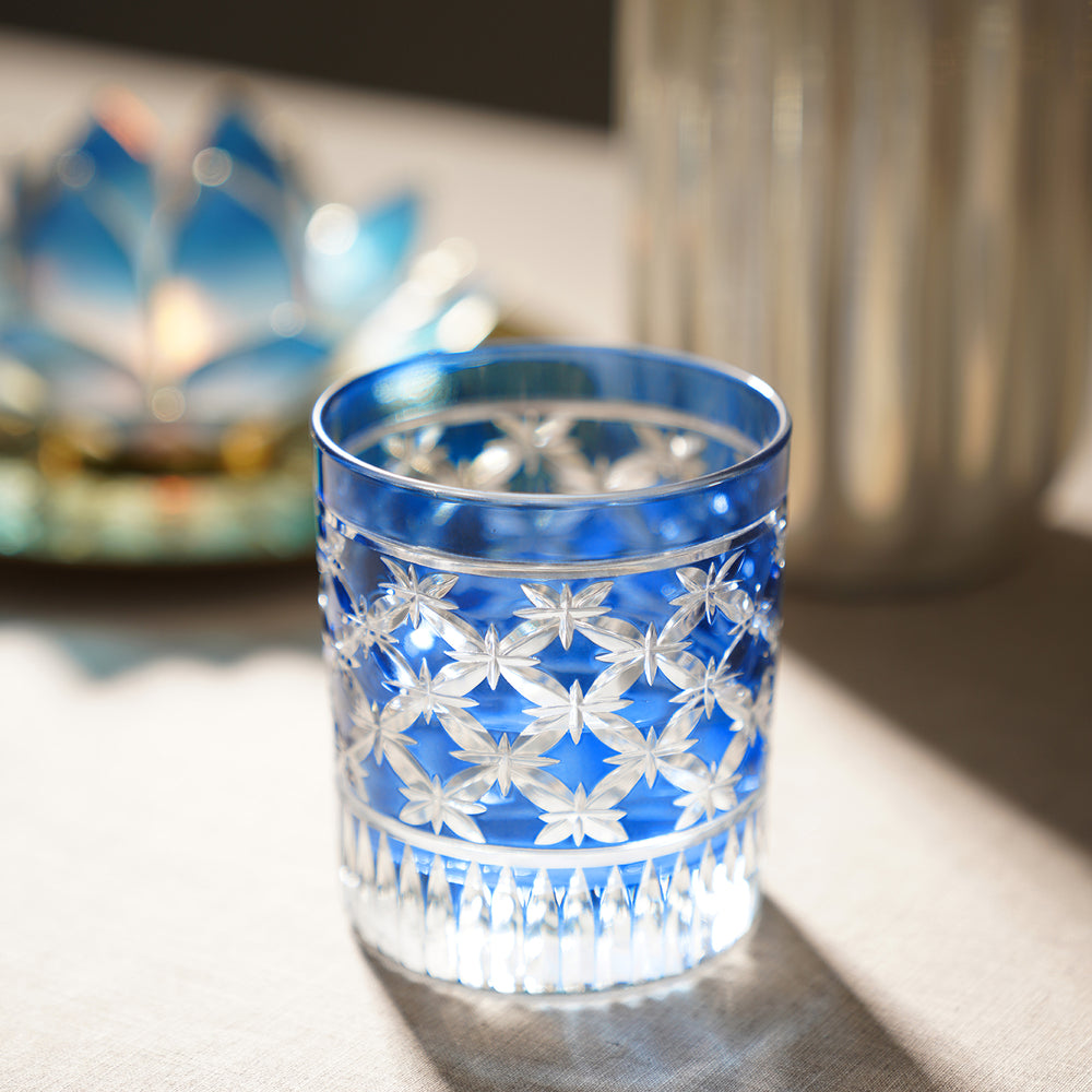 Set of 4 Blue Diamond Cut Drinking Glasses