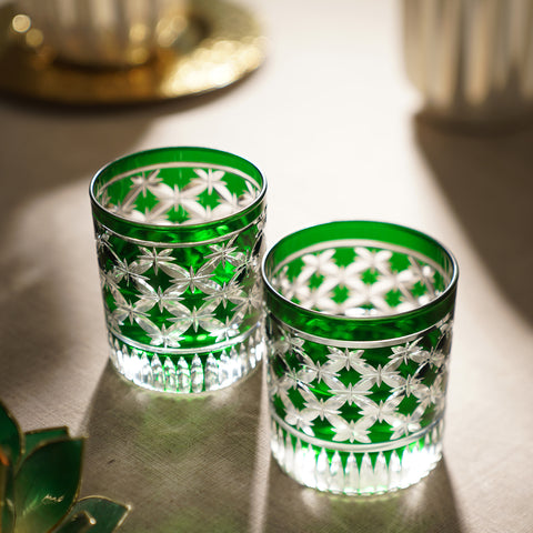 Set of 4 Green Diamond Cut Drinking Glasses