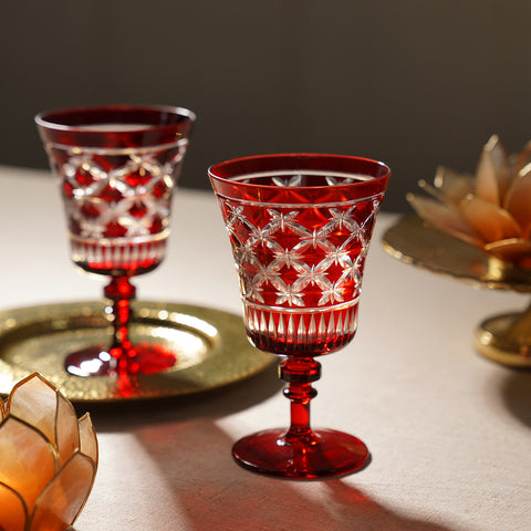 Set of 4 Red Diamond Cut Wine Glasses