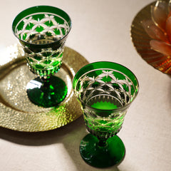 Set of 4 Green Diamond Cut Wine Glasses