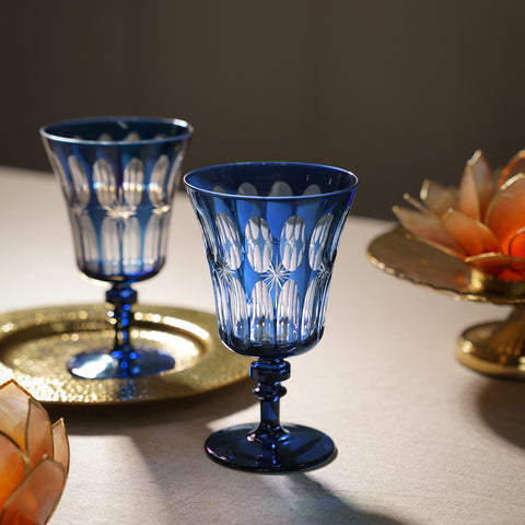Set of 4 Blue Star Cut Wine Glasses