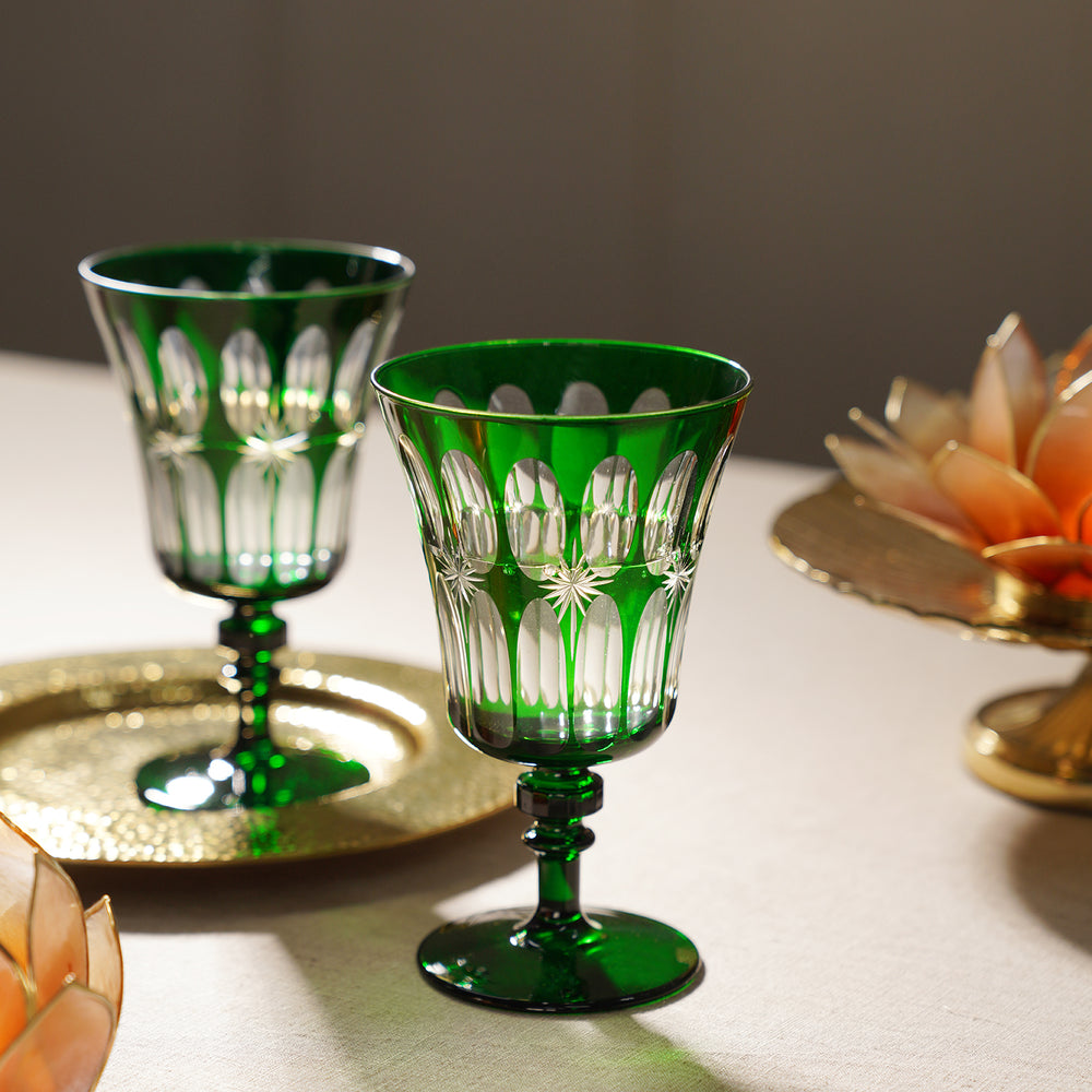 Set of 4 Green Star Cut Wine Glasses