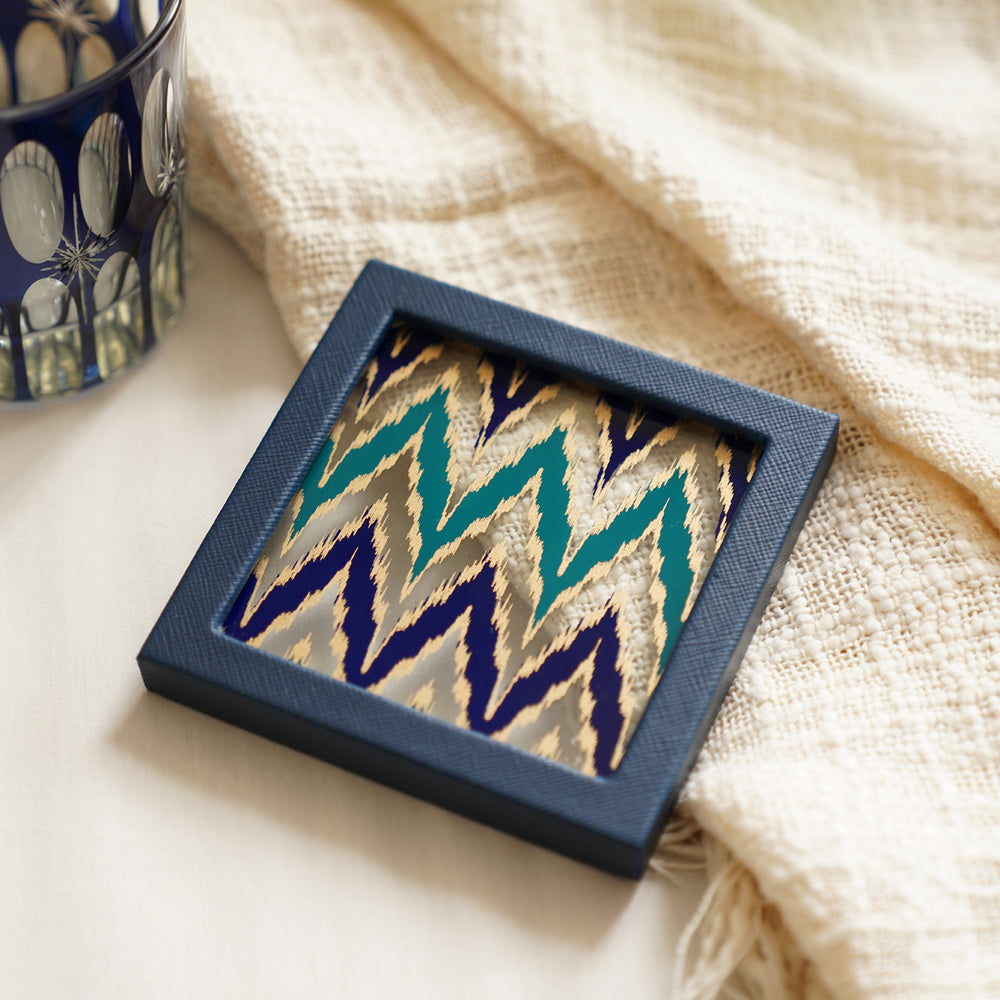 Set of 2 Blue Glass Printed Faux Leather Coasters