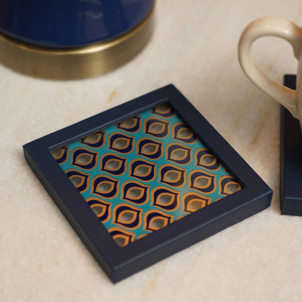 Set of 2 Blue Glass Printed Faux Leather Coasters