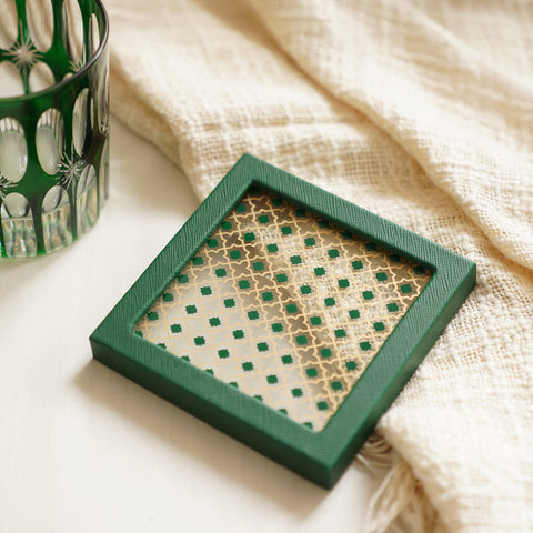 Set of 2 Green Glass Printed Faux Leather Coasters