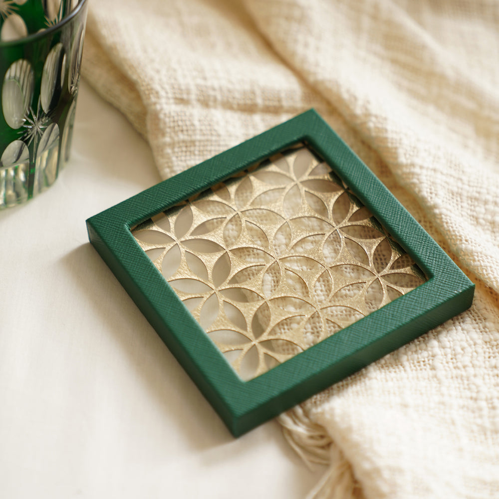 Set of 2 Green Lazer Cut Faux Leather Coasters
