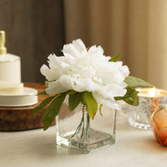 White Artificial Peony with Glass Vase