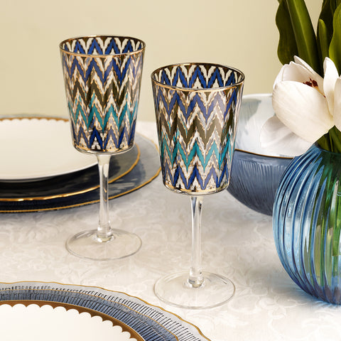 Set of 2 Blue and Teal Ikat Print Wine Glasses