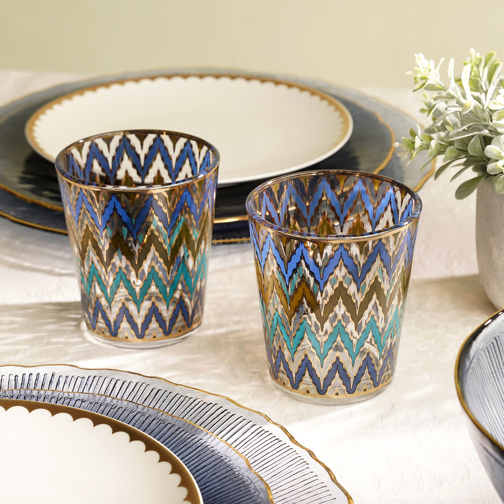 Set of 2 Blue and Teal Ikat Print Drinking Glasses