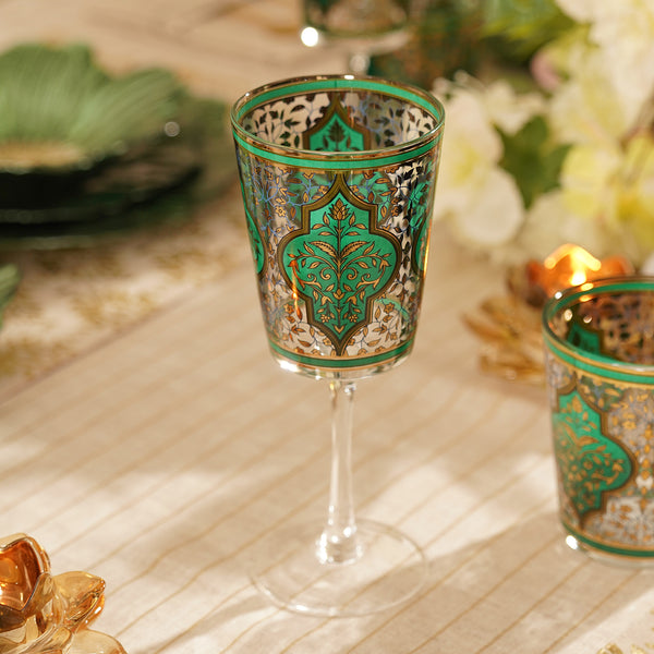 Set of 2 Green Floral Print Wine Glasses
