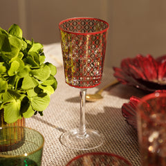 Set of 2 Red and Gold Geometric Print Wine Glasses