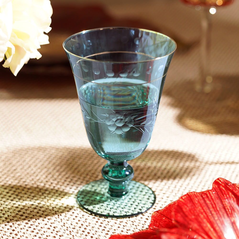 Set of 2 Blue Floral Etching Wine Glasses