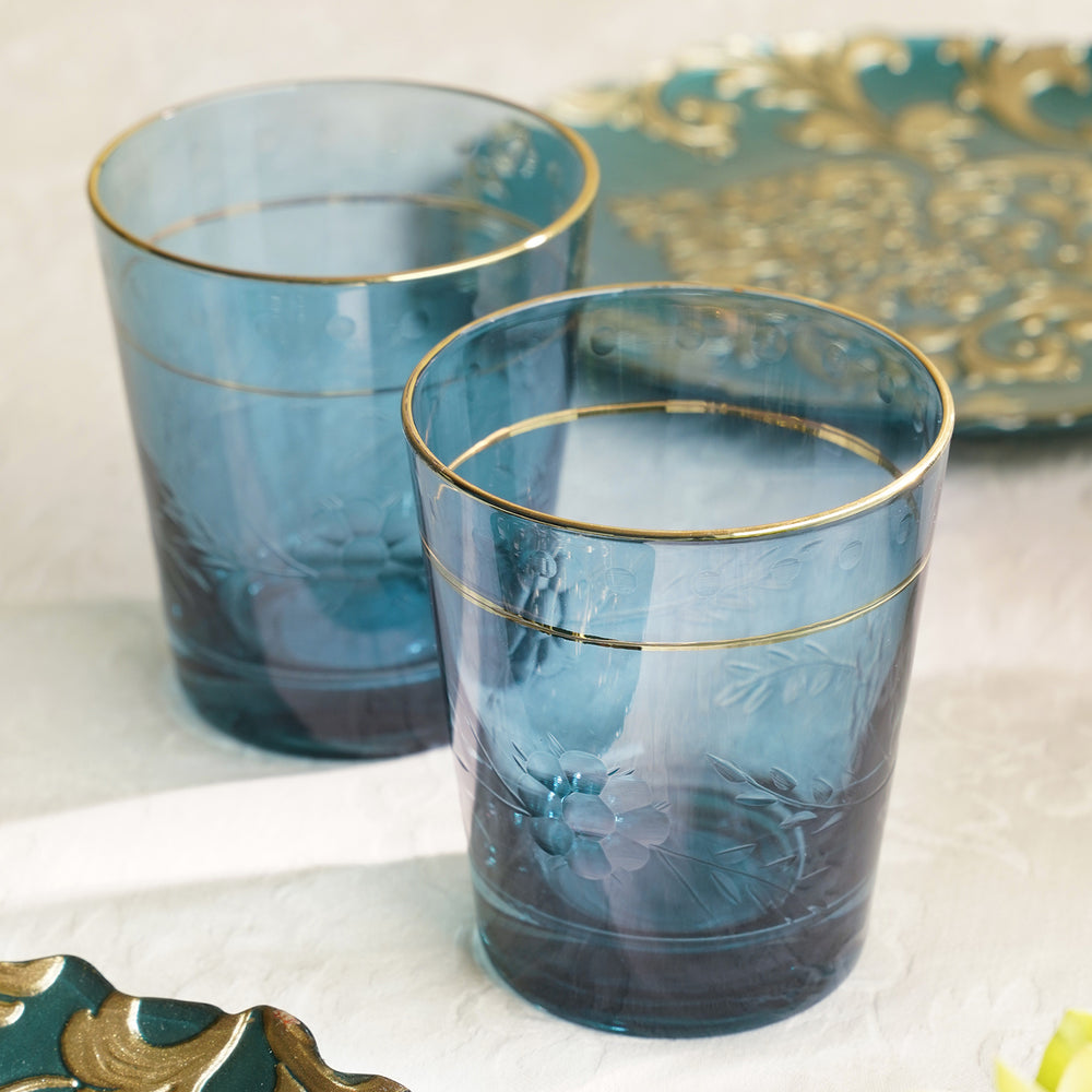 Set of 2 Blue Floral Etching Drinking Glasses