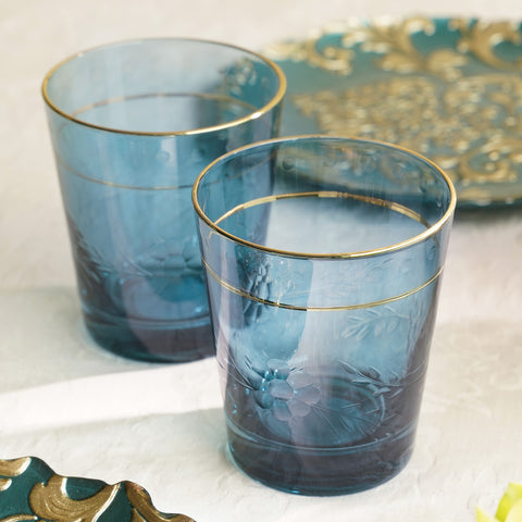 Set of 2 Blue Floral Etching Drinking Glasses