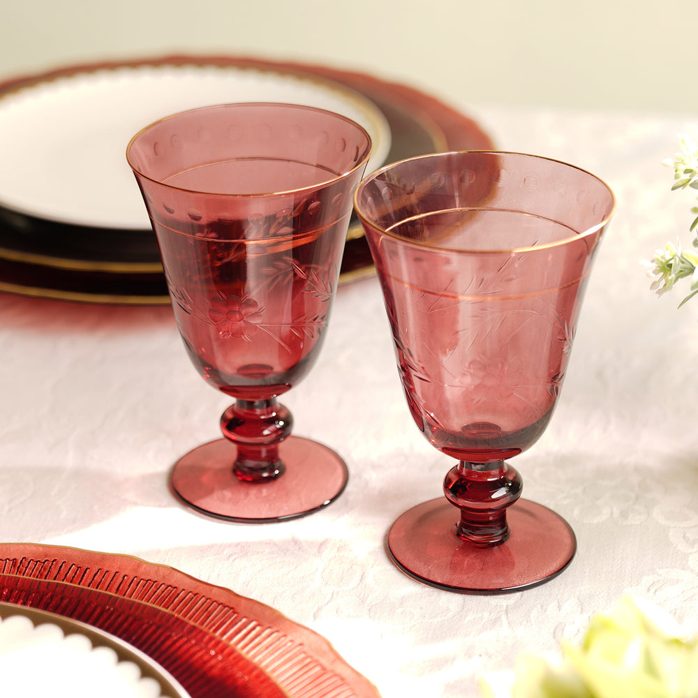 Set of 2 Red Floral Etching Wine Glasses