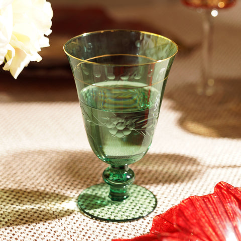 Set of 2 Green Floral Etching Wine Glasses